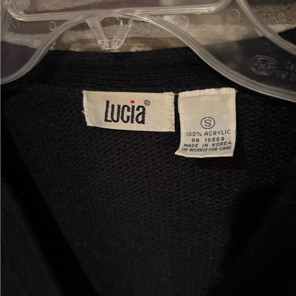 VINTAGE Lucia Black Cardigan with Colorful Leaf Design WITH SHOULDER PADS - Picture 3 of 10
